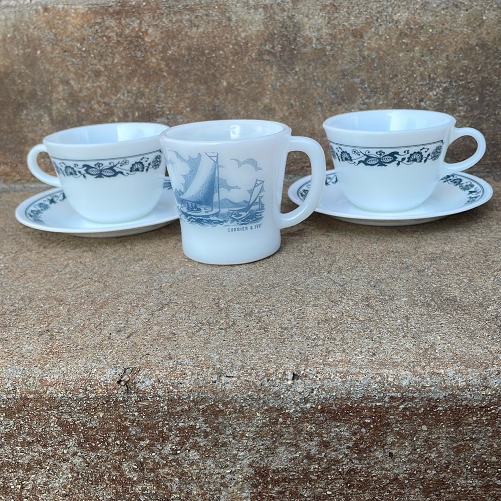 2  Old Town  Blue (Corning)Teacup Sets Corelle + Glasbake 24 oz Milk glass mug